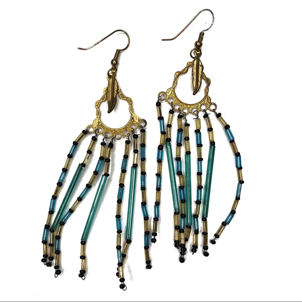 Western Beaded Feather Chandelier Earrings